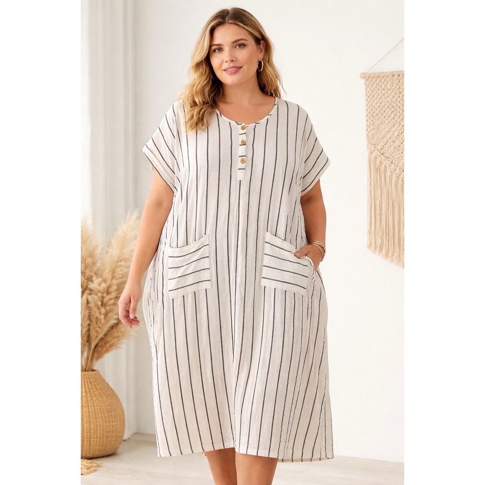Striped Gauze Midi Dress Oversized Plus Size Pocket Coastal Lagenlook  The buyer